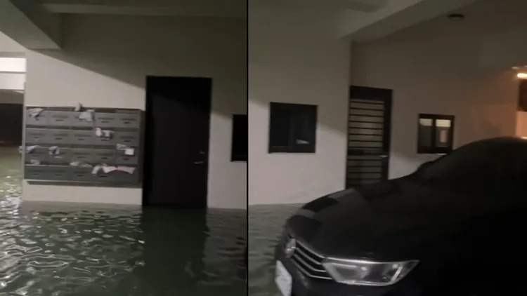網友分享自家淹水情況，無奈自嘲「普發一萬是發來修車用的嗎？」   圖：翻攝自Threads