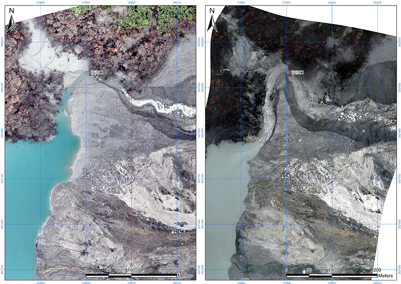 林保保育署花蓮分署指出，這次在鳳凰颱風期間，堰塞湖溢流口因湖水沖刷，水位緩慢下降中， 37小時內水位共下降9.3公尺，水量減少約96萬立方公尺。(昨圖為10/25情形、右圖為11/11情形)   圖：林保署花蓮分署／提供