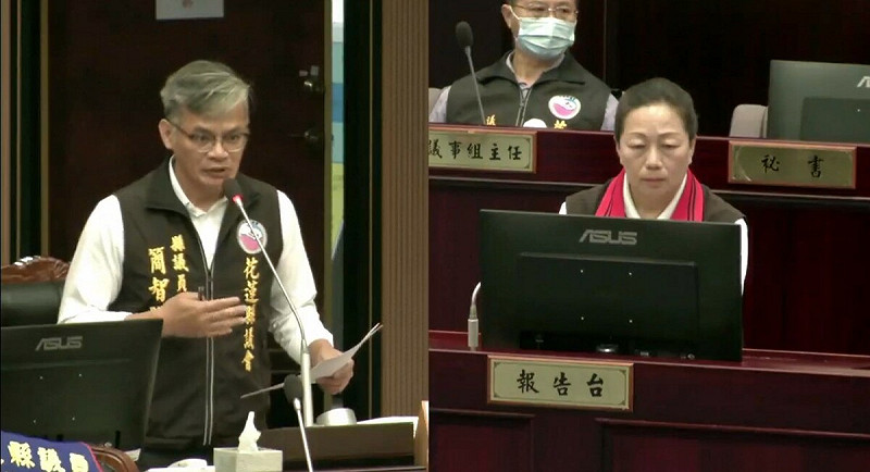 花蓮縣議會13日定期大會上，縣議員簡智隆要求縣長徐榛蔚應該光復鄉災情道歉。面對議員要求，徐榛蔚對此表示非常心痛，強調縣府、地方鄉鎮都盡心盡力「我們道歉、責無旁貸」。   圖：取自花蓮縣議會臉書