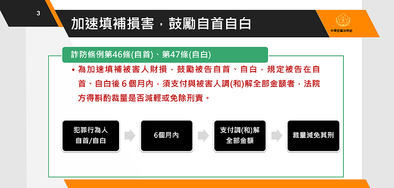 加速填補損害，鼓勵自首自白。   圖：法務部提供