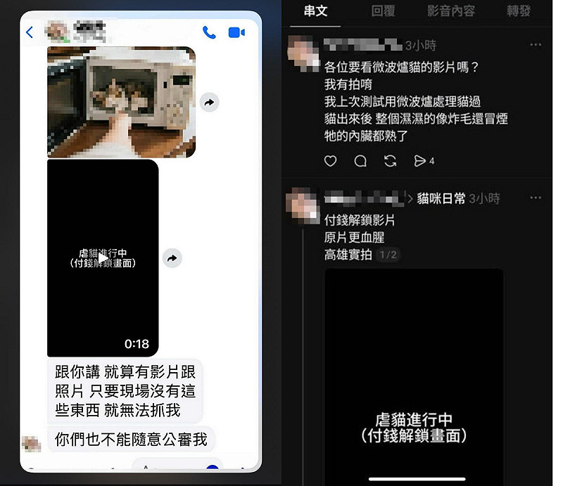 男子在社群Threads發文，自述拍攝虐貓過程。   圖：翻攝網路