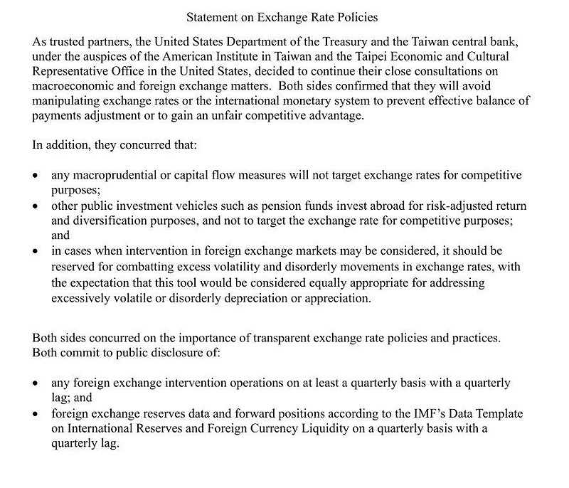 中央銀行14日與美國財政部同步發布聯合聲明。   圖：央行提供