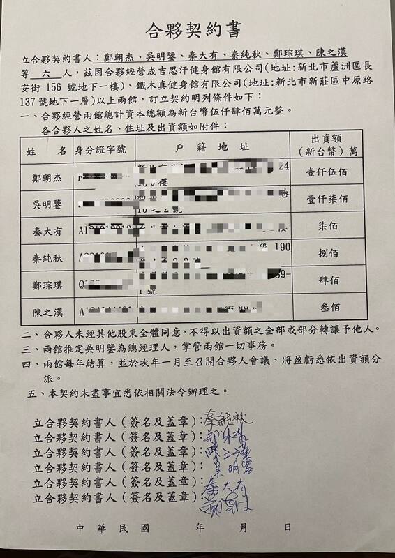 李慶元在臉書公開證據，指館長在健身館合夥契約中出資最少卻主導經營，並解釋錄音是因館長「出爾反爾」，若無錄音只能「啞吧吃黃連」。   圖：翻攝自李慶元臉書專頁