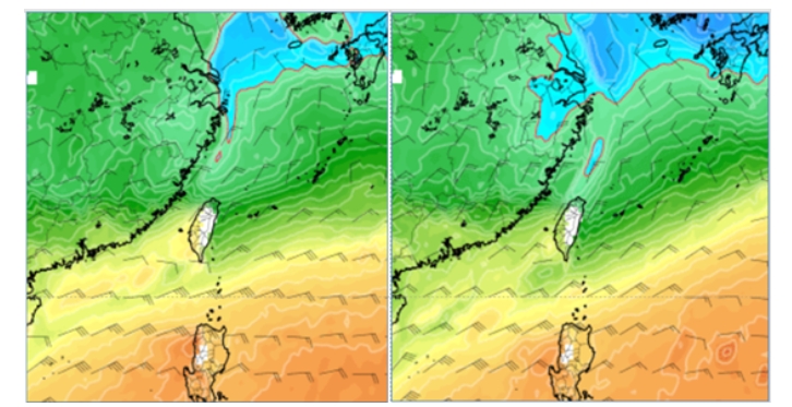吳德榮表示根據最新(15日20時)歐洲模式(ECMWF)模擬週三(19日)20時850百帕溫度圖(左圖)，與前三天(12日20時)模式對週三清晨2時的模擬圖(右圖)對比顯示，南下台灣的冷空氣調慢又調弱。   圖/氣象推廣基金會