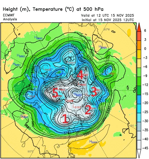 鄭明典在臉書上PO出北極上空投影，目前北極圈的冷空氣有5個分支往外送，圖中的1就是要把冷空氣往南送而影響台灣的「槽線」。   圖：取自鄭明典臉書