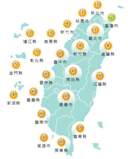氣象署發布各地紫外線指數預報概況。   圖：氣象署提供