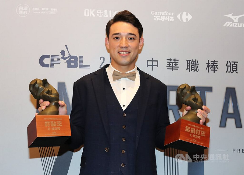 林安可於2020年摘下全壘打王、打點王，和最佳新人獎。（中央社檔案照片）   