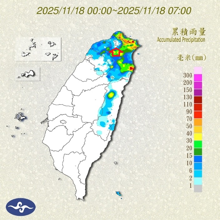 東北季風影響，北台灣陰雨綿綿，鄭明典指出大台北僅有一小塊地區幾乎沒有雨量。   圖：氣象署／鄭明典臉書