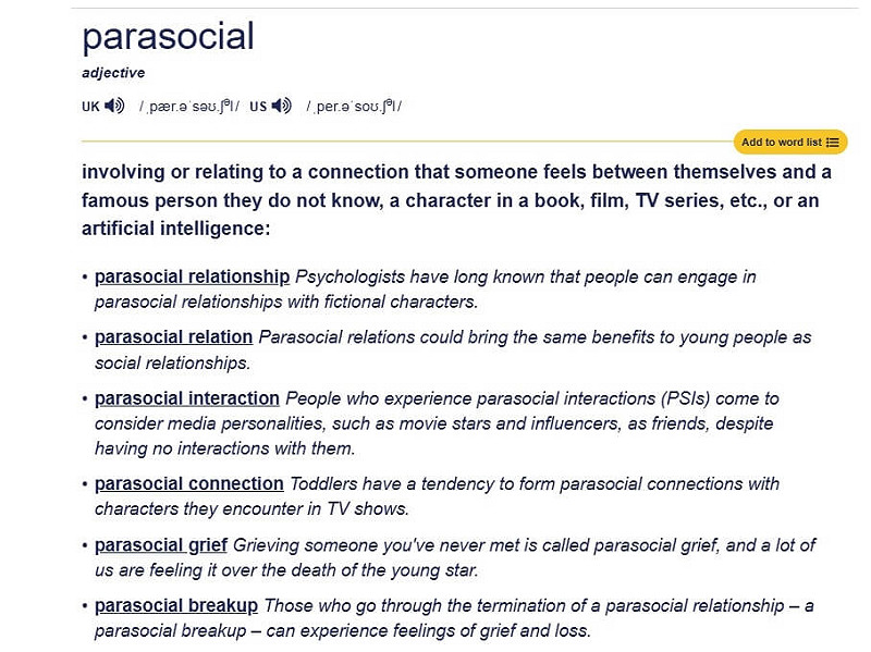 英國劍橋辭典今天揭曉2025年度代表字為parasocial（擬社交互動）。（圖取自劍橋辭典網頁dictionary.cambridge.org）   