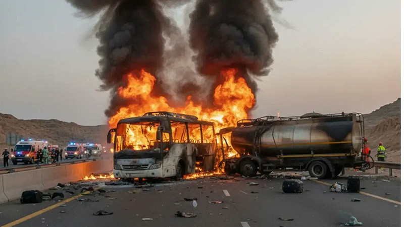 一輛載有 46 名印度朝聖者的巴士與柴油油罐車相撞後起火燃燒，造成幾乎全車罹難、僅一名乘客倖存。   圖：翻攝自 X@Nexta TV