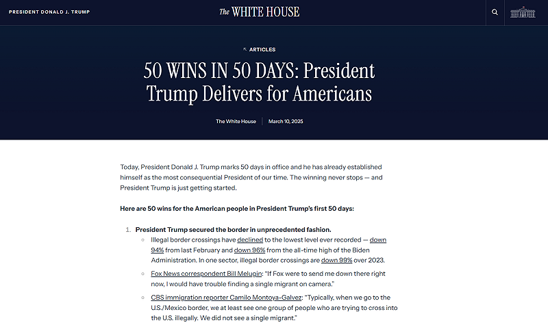 川普的所謂「50 天帶來 50 個勝利」承諾。   圖：翻攝自白宮官網