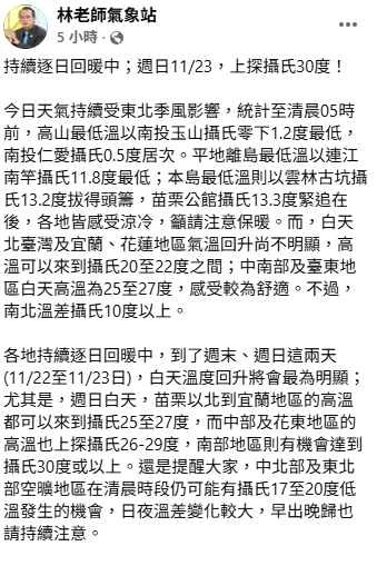 「林老師氣象站」指出，今日白天各地持續逐漸回暖，但北台灣及宜蘭、花蓮地區氣溫回升尚不明顯，高溫約20至22度之間。   圖：取自林老師氣象站