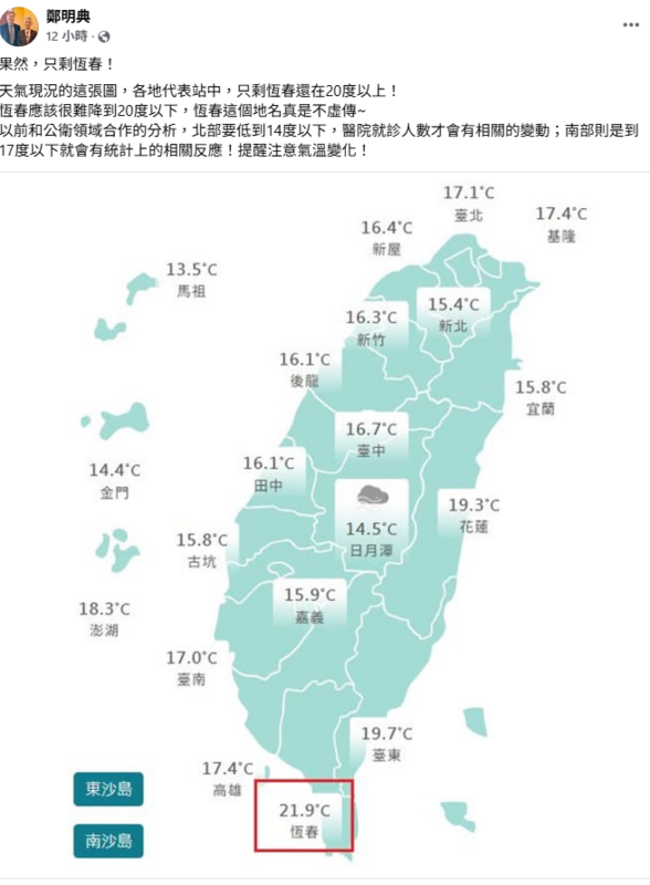 鄭明典指出，昨晚除了恆春外，全台低溫都不到20度，根據過去的經驗，南部低於17度醫院就診人數就會增加，要特別注意保暖。   圖：取自鄭明典臉書
