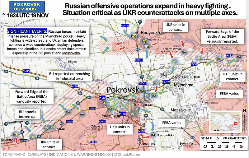 烏克蘭軍事消息來源同時指出，俄軍在波克羅夫斯克一帶有多支破壞小組以平民服裝或烏軍軍服偽裝滲透，違反國際戰爭法。   圖：翻攝自 X  Chuck Pfarrer | Indications & Warnings |
