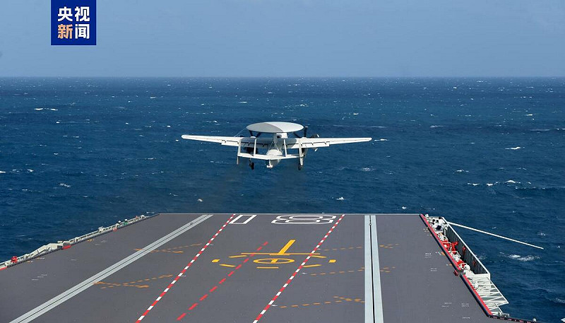 福建艦參與聯合演習測試電磁彈射系統，空警-600預警機也納入測試。   圖：翻攝央視新聞