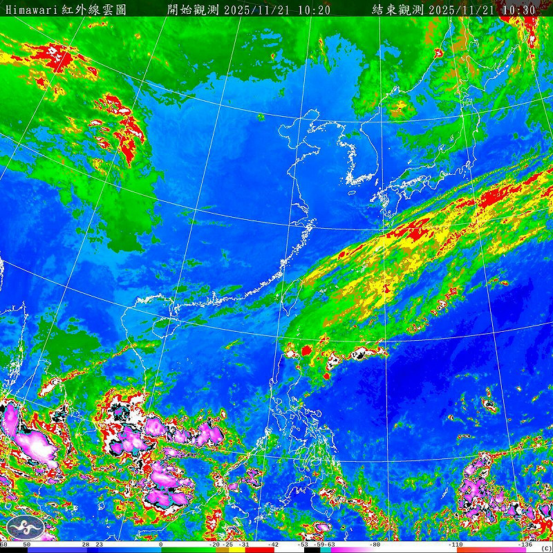 今(21)日冷空氣稍微減弱，各地氣溫超微回升，平地的低溫約在15至17度，但下週將有另一波冷空氣南下。   圖：取自氣象署