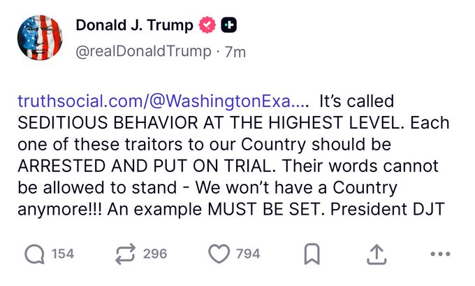  美國總統川普在 Truth social上發文稱：「這些叛徒中的每一個都應該被逮捕並受到審判。」 圖：翻攝自 X 