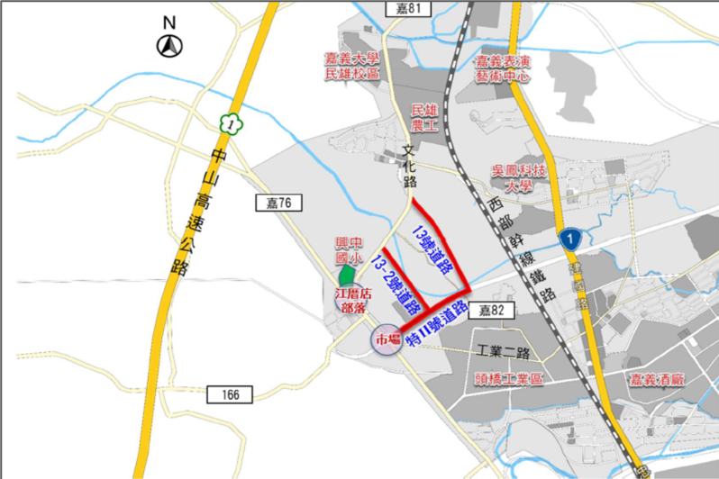 民雄頭橋地區都市計畫特II道路銜接13號(含13-2)道路工程位置圖。   圖：內政部提供