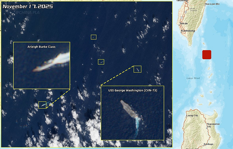 根據衛星訊息及船舶自動識別系統（AIS）資料，華盛頓號航艦攜打擊群17日經巴士海峽進入南海。   圖：翻攝「X」@CHINAPLA1