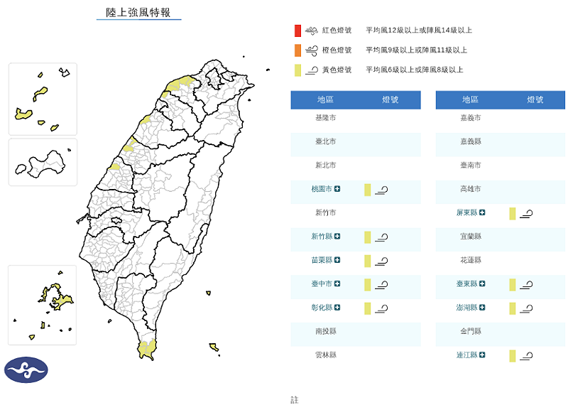 東北風偏強，22日晨至23日晚上蘭嶼、綠島、桃園市、新竹縣、苗栗縣、台中市、彰化縣、屏東縣、澎湖縣、連江縣局部地區有平均風6級以上或陣風8級以上發生的機率(黃色燈號)，民眾請注意。   圖/氣象署
