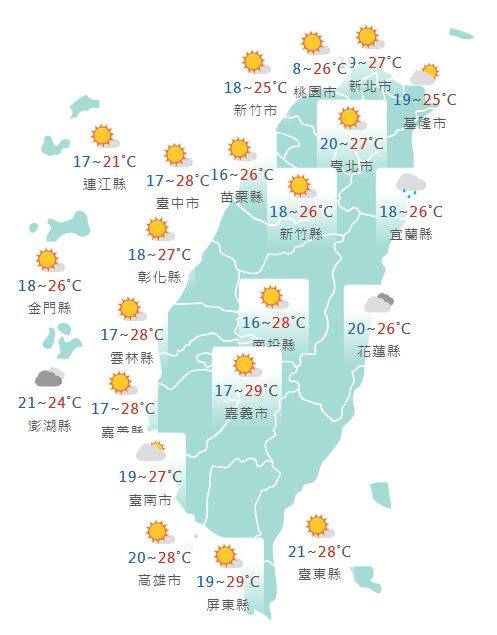  氣象署公布各地天氣預報概況。   圖：氣象署提供