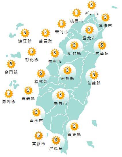 氣象署發布各地紫外線指數預報概況。   圖：氣象署提供