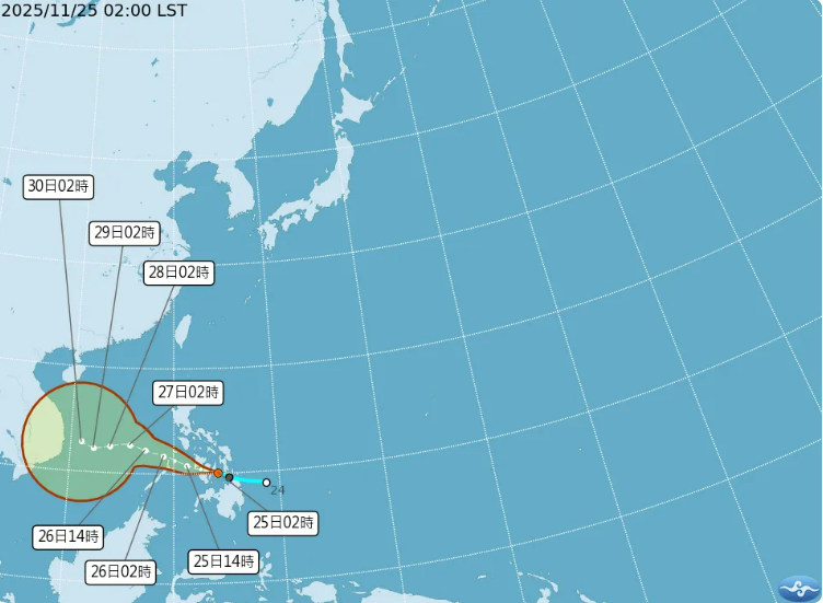 TD30最快今晚增強為第27號颱風天琴，林得恩指出因距離遙遠，對台無直接影響屬無害。   圖：翻攝自氣象署　網站