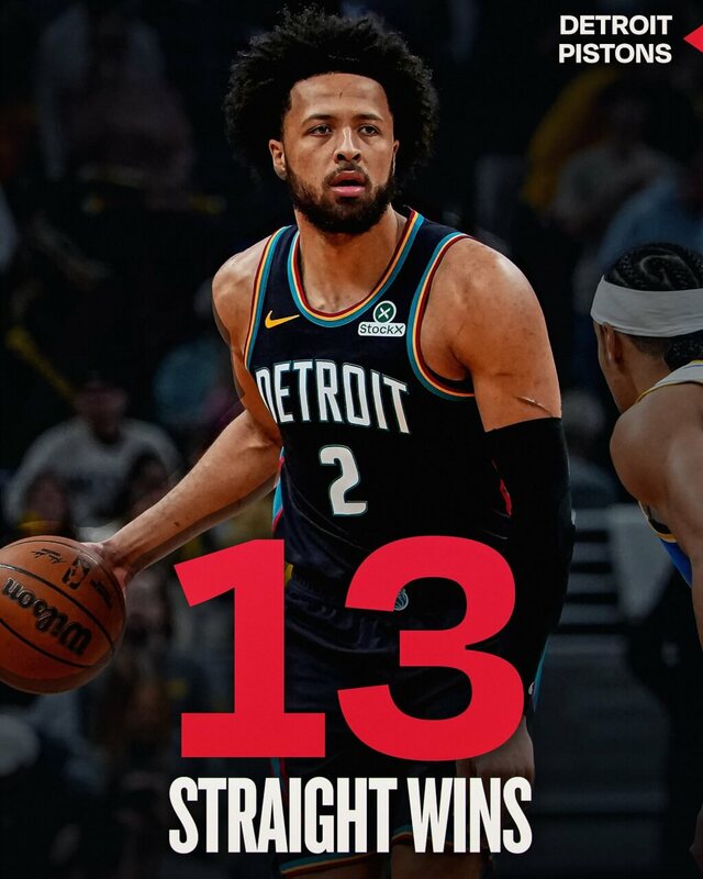 美國職籃NBA底特律活塞隊24日力擒印第安納溜馬隊，以13連勝追平隊史紀錄。2021年選秀狀元康寧漢此役貢獻24分、11籃板與6助攻，率活塞隊繼續穩坐東區龍頭寶座。（圖取自x.com/NBA）   