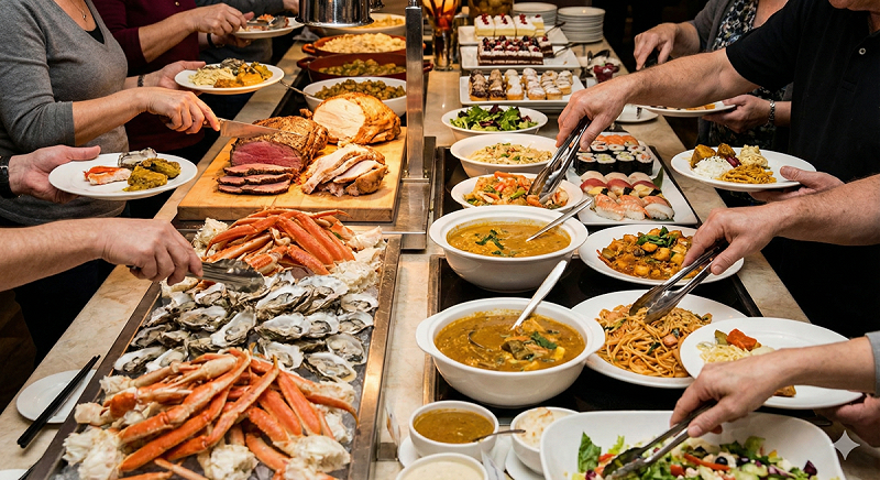 70歲港婦高雄用餐突倒地，經搶救4天，今晨宣告不治。（圖為Buffet餐廳示意)   圖：Gemin AI生成 / 曾郡秋 製