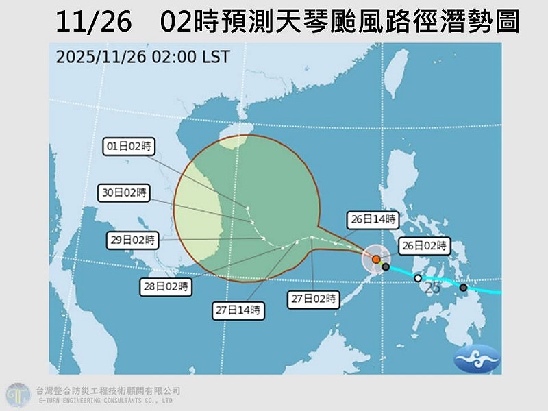 原位於菲律賓西方海面的熱帶性低氣壓TD30，於昨晚增強發展為輕度颱風「天琴」。   圖：取自賈新興臉書