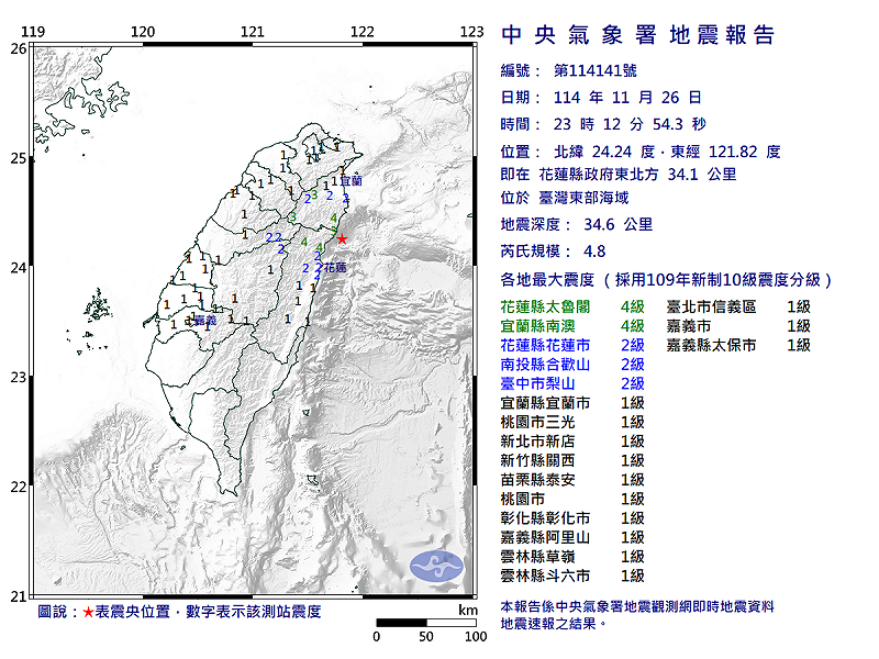 11/26-23:12臺灣東部海域發生規模4.8有感地震 圖：中央氣象署   
