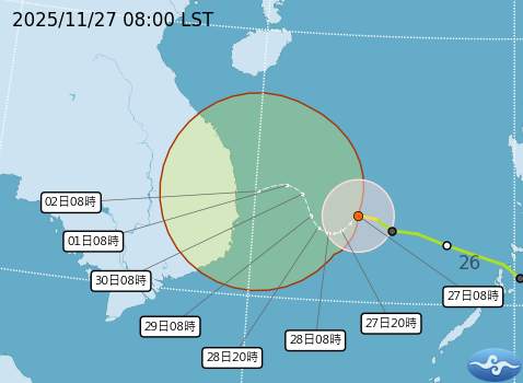天琴進入南海，已增強為中度颱風，向西北西前進，持續增強，第3天起動向不確定性持續擴大，但無侵台機率。   圖：取自氣象署