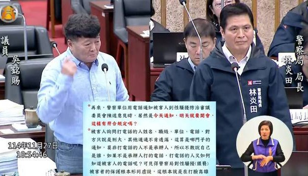 吳銘賜(左)日踢曾任偵查隊隊長的兩線三星警官，遭女性下屬檢舉涉嫌猥褻性騷，林炎田(右)強調案件已進入司法調查程序，一切依法處理。   圖：翻攝高市議會直播畫面