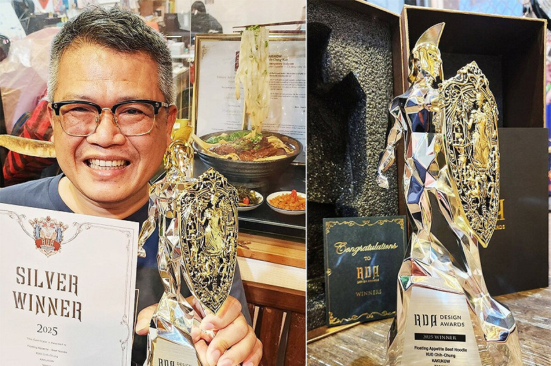 郭志忠手拿首屆RDA產品概念設計獎銀獎獎盃與獎狀合影。   圖：高科大創新設計學院/提供