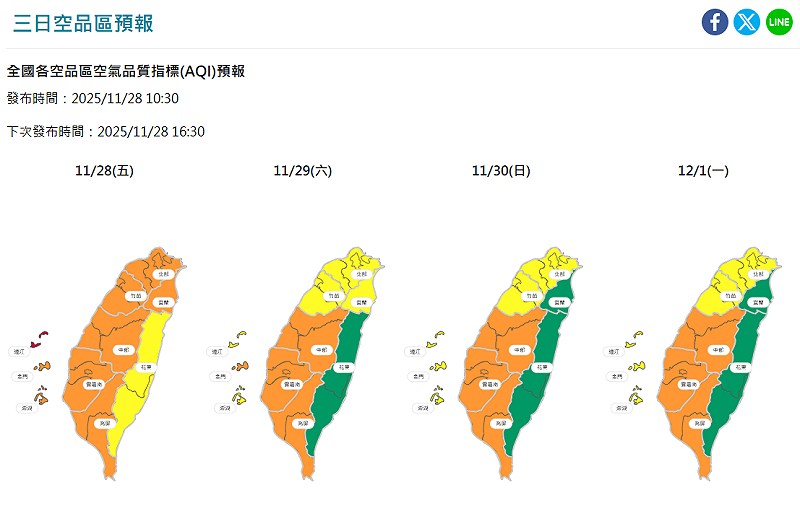 昨日傍晚東北風挾帶境外污染物影響台灣及離島，今日污染物隨東北風南傳影響中南部地區，全台空品多為橘色提醒等級。   圖：取自空氣品質監測網