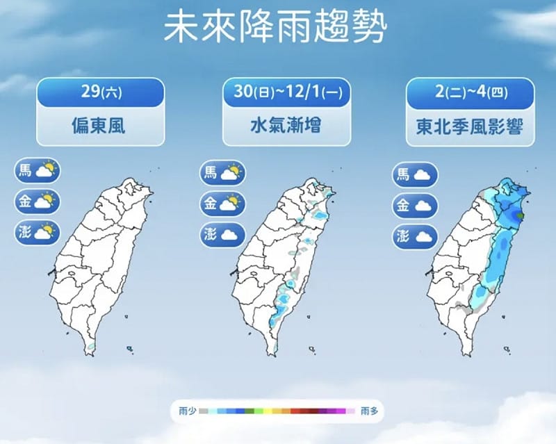 下週二(2日)起，新一波較強的東北季風南下，北台灣將轉濕冷天氣。   圖/氣象署