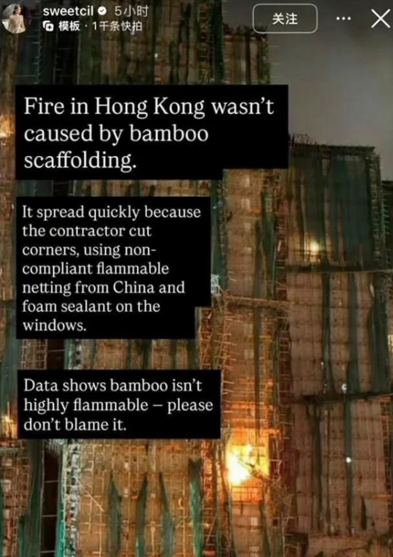 汪詩詩發文指宏福苑社區的火因為使用不符合標準的易燃材料，遭網友炎上。   圖：翻攝自IG