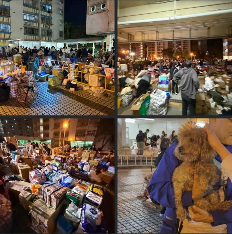 火災發生後，企業、市民與民間團體迅速動員，大量食物、飲用水、衣物與生活用品不斷送抵各物資集散點。   圖：翻攝自 X@香港/中國新聞-小豬 轉FB@PetPetExpress