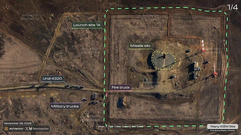 AviVector利用Airbus Pleiades Neo約30公分解析度衛星影像，揭露29日俄羅斯ICBM試射失敗後的現場，可見明顯彈坑與發射井周邊的軍事活動。   圖：翻攝自 X @Etienne_Marcuz