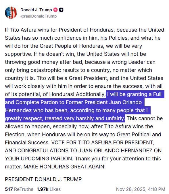 針對川普赦免涉嫌販毒的前宏都拉斯總統葉南德茲的相關行為，有網友質疑，川普可能只是以「反毒」為由，殺害被指控涉嫌運輸毒品的委內瑞拉漁民。   圖：翻攝自 @fangshimin X 帳號