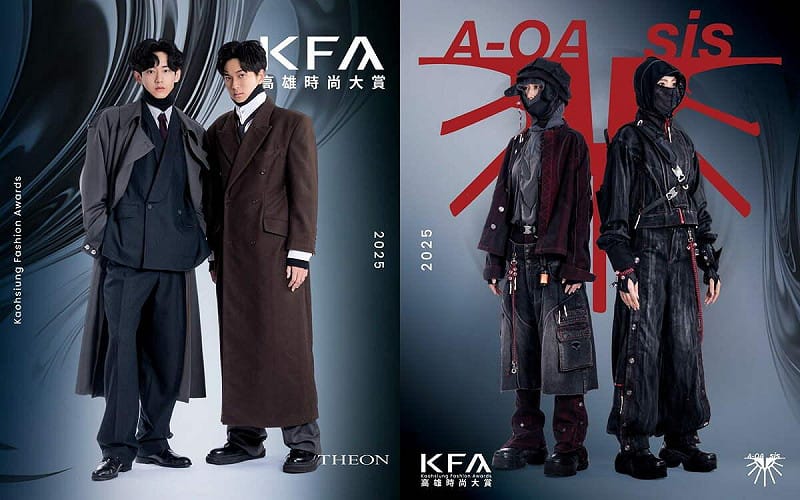 「THEON」(左)「Fragile」以象徵「盔甲」的男裝廓型為核心，融合上世紀不同年代的經典造型，將社會壓力與自我省思轉化為服裝語言；「A-Oa sis」(右)「數據.遊牧主義.Data.Nomasism.」採用機能、針織與丹寧材質打造中性輪廓，描繪數據荒原中自由穿行的遊牧身影，展現混合體服裝的未來美學。   圖：高雄市青年局/提供