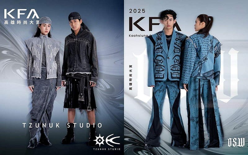 「TZUNUK」(左)設計「舊血，新骨。NEO-ANCIENT」透過層次灰階紋理、水洗和百摺工藝，傳遞排灣族石板屋文化和城市水泥叢林的強烈對比；來自「OSW」(右)的「向神祈禱Pray to God」將聖經中的經典畫作手繪於服飾之上，使承載寓意的意涵轉化為穿戴語言。   圖：高雄市青年局/提供
