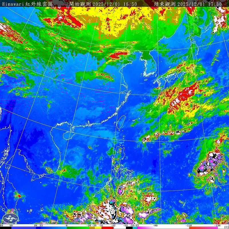 明日起底層東北季風逐漸增強，中高層槽線逐漸通過，氣溫會開始下滑，3日東北季風影響，北台灣和東半部轉濕冷水氣再增多。   圖：取自氣象署