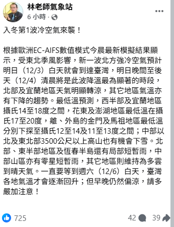 明晚到後(4)天清晨將是此波降溫最為顯著的時段，馬祖低溫下探至11度，本島低溫也會有14度。   圖：取自林老師氣象站
