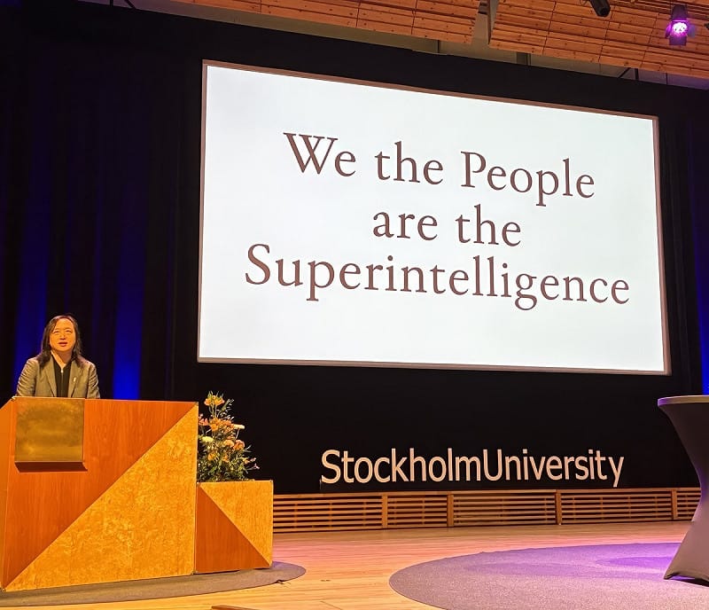 唐鳳受另類諾貝爾獎「正命獎」肯定，她在臉書上表示，這個獎將獻給台灣，並將打造AI地熱民主。   圖：翻攝自唐鳳　臉書專頁