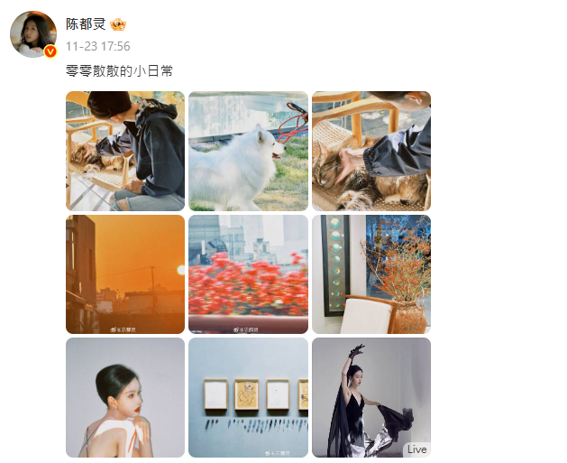 有網友表示，陳都靈上週11月23日還在微博發文，當時並沒有表現出異常，意外掀起兩派網友論戰。   圖：翻攝自陳都靈微博