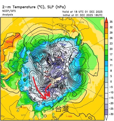 這張圖是北半球全圖，相當於由北極上空往下看，台灣在圖的下方，看的是海平面氣壓(線條)疊加地面氣溫(底色)。   圖：取自鄭明典臉書