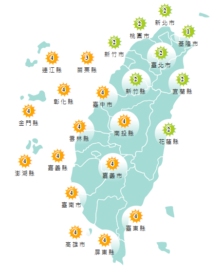 氣象署發布各地紫外線指數預報概況。   圖：氣象署提供