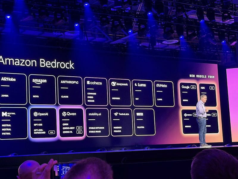 AWS 在舞台上展示 Amazon Bedrock 能支援多家模型供應商的版面。   圖：翻攝自Sarbjeet Johal