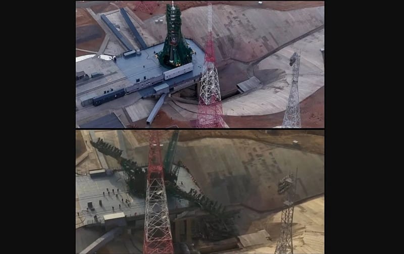 位於哈薩克斯坦的俄羅斯科拜努爾火箭發射場也在近期發生事故，喪失發射火箭的能力。圖上為發射塔，圖下圍坍塌的發射塔。   圖：翻攝自 騰訊網 三體引力波